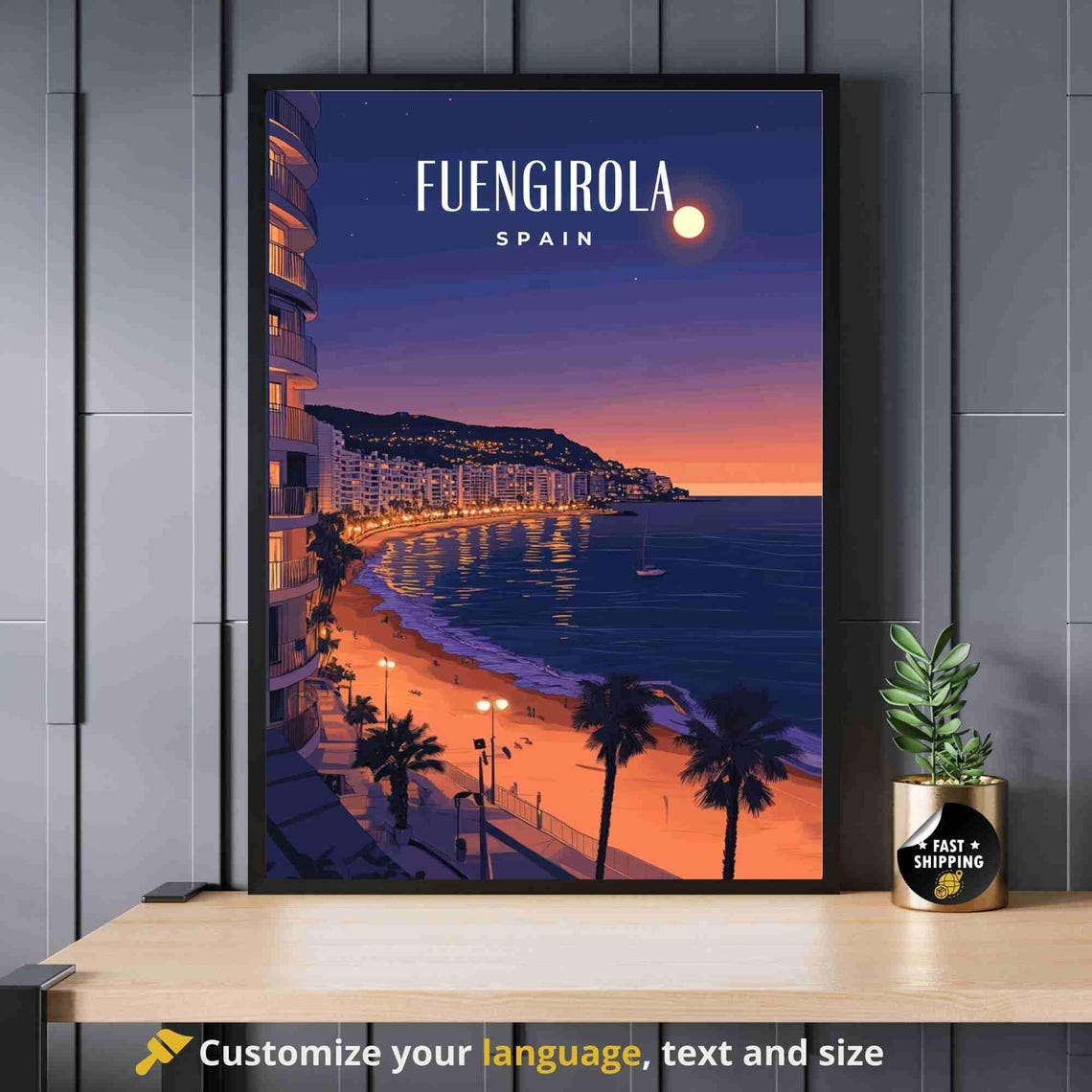 Fuengirola Spain Moonlit Beach Night Costa Del Sol Travel Poster