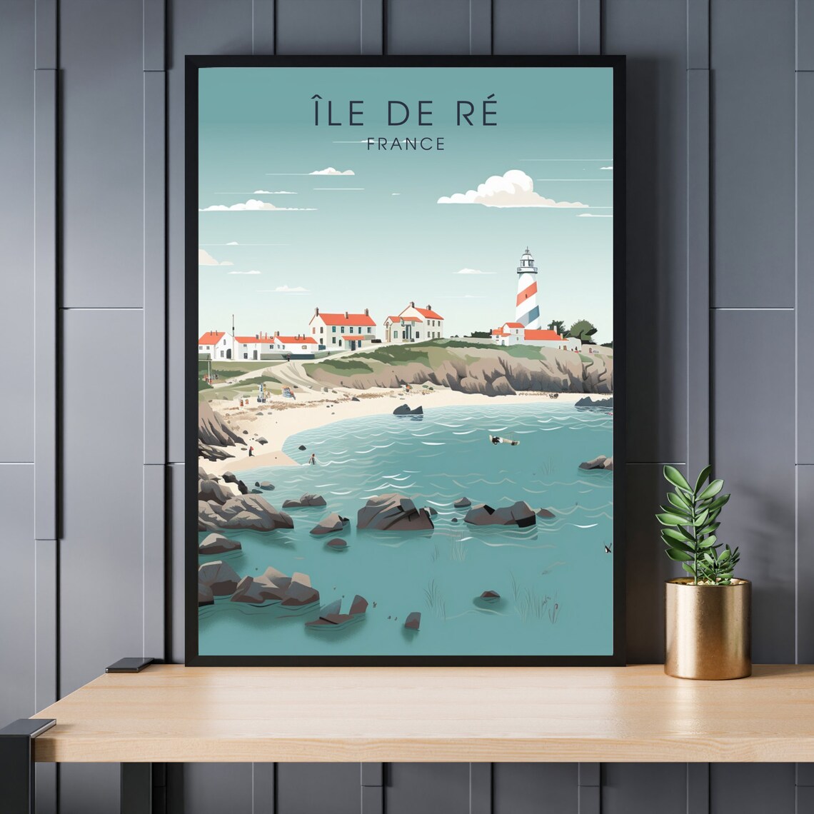Île de Ré France Striped Lighthouse Rocky Beach Coastal Travel Poster