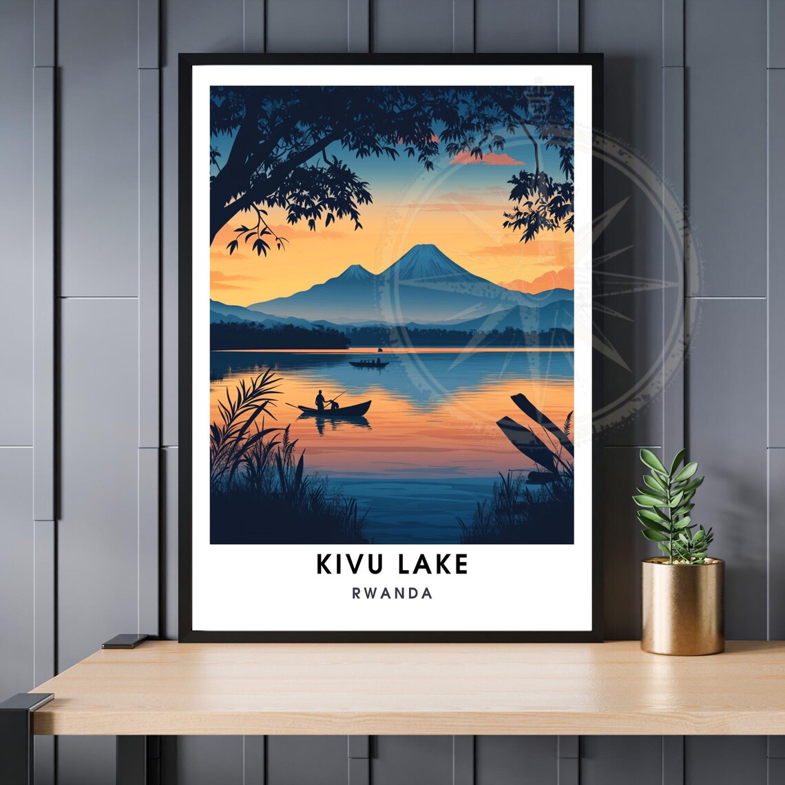 Lake Kivu Rwanda Sunset Travel Poster With Fishermen And Canoes