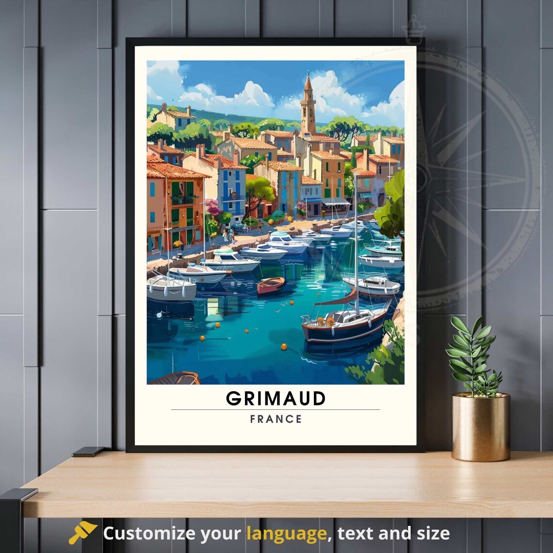 Grimaud France Colorful Harbor Boats French Riviera Travel Poster