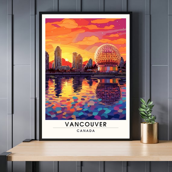Vancouver Canada Science World Dome Sunset Skyline Travel Poster