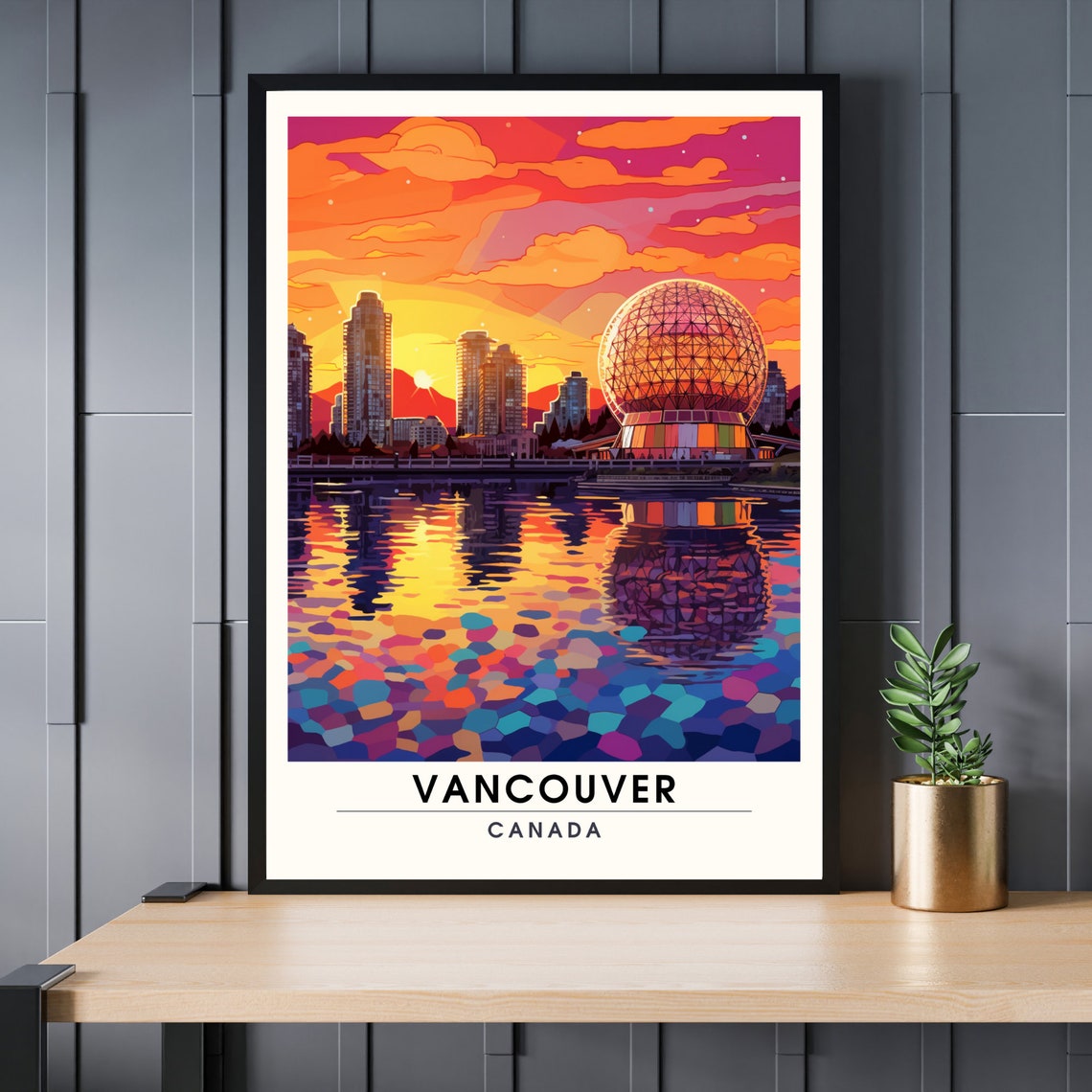Vancouver Canada Science World Dome Sunset Skyline Travel Poster