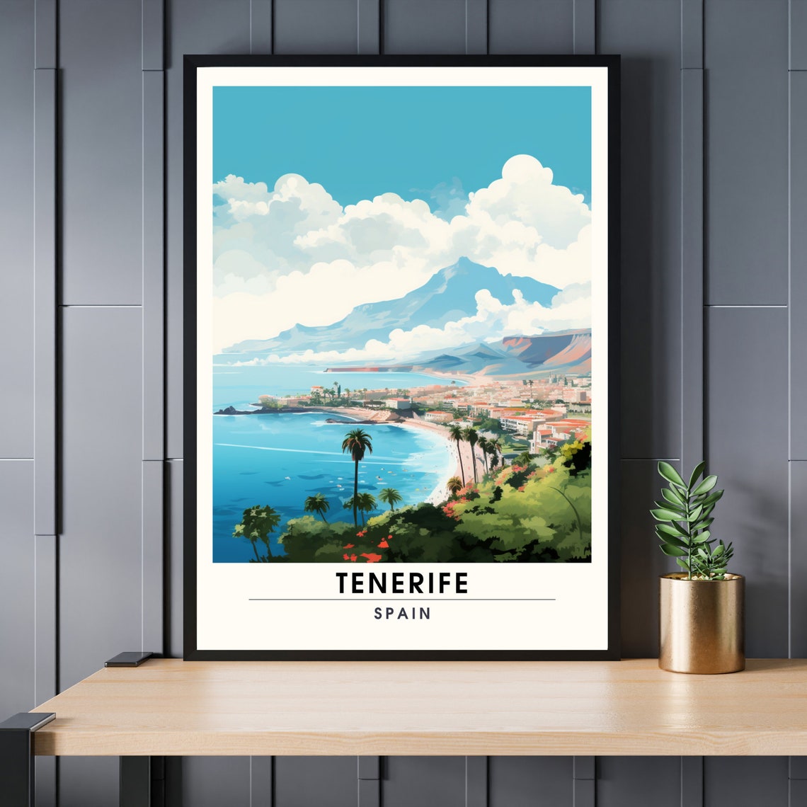 Tenerife Spain Coast Beach Palm Trees Canary Island Travel Poster