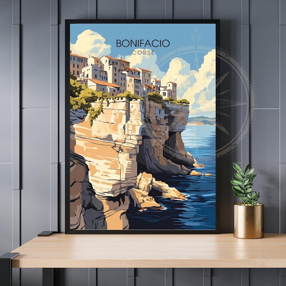 Bonifacio Corsica White Limestone Cliffs Coastal Illustration Travel Poster