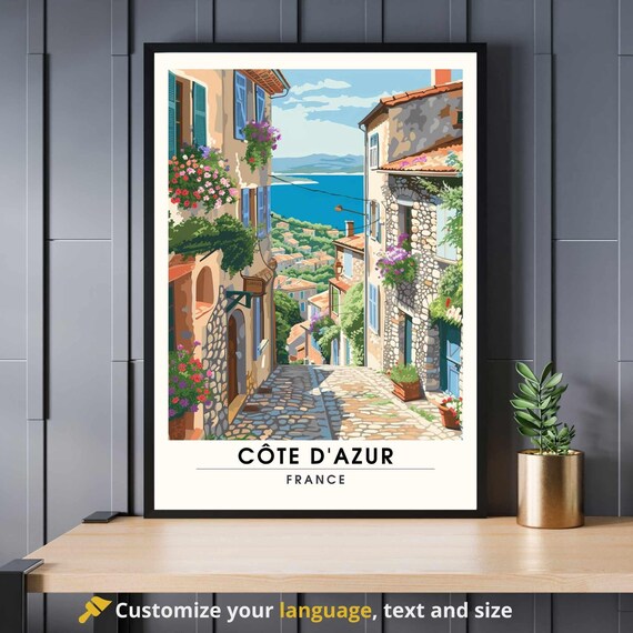 Cote D'Azur France Cobblestone Village Street Sea View Poster