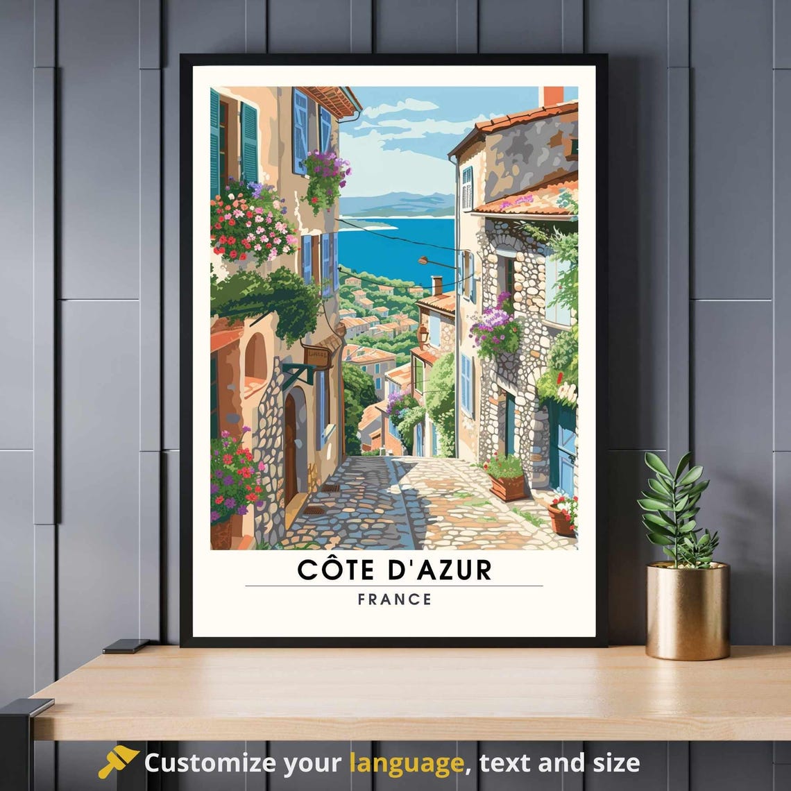Cote D'Azur France Cobblestone Village Street Sea View Poster