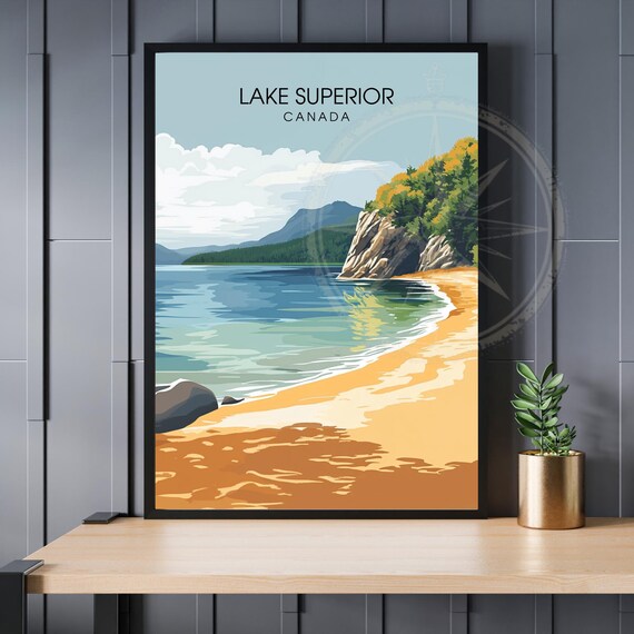 Lake Superior Canada Sandy Beach Cliffs Retro Travel Art Poster