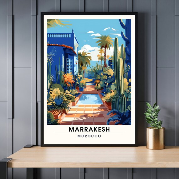 Marrakesh Morocco Majorelle Gardens Blue Villa Cactus Travel Poster