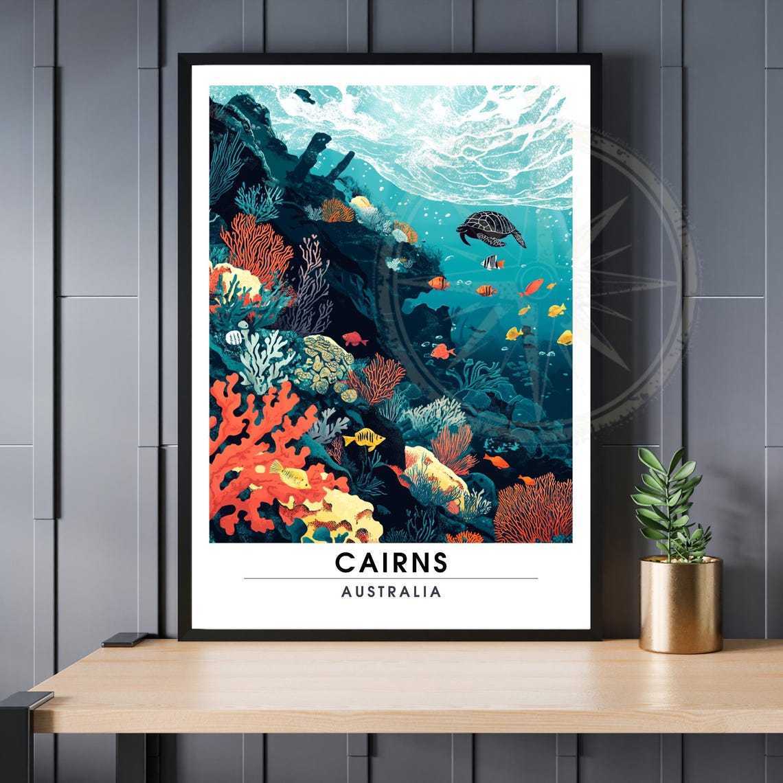 Cairns Australia Coral Reef Sea Turtle Underwater Art Poster