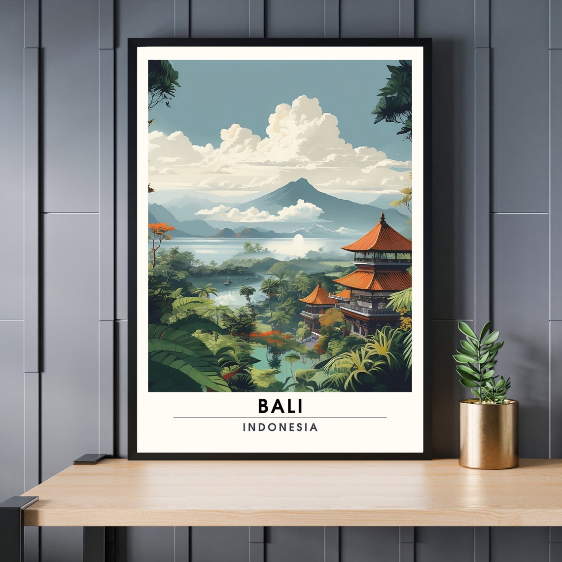 Bali Indonesia Temple Volcano Tropical Jungle Landscape Poster