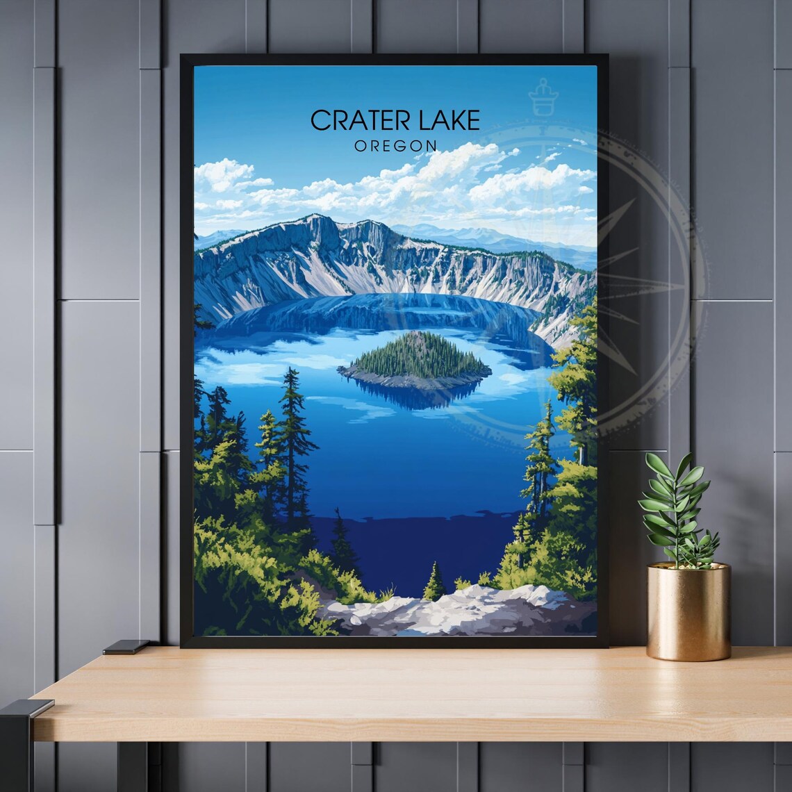 Crater Lake Oregon Wizard Island Pine Forest Vintage Travel Poster