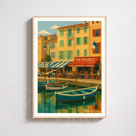 Villefranche Sur Mer France Travel Poster Harbor Boats Cafe Riviera