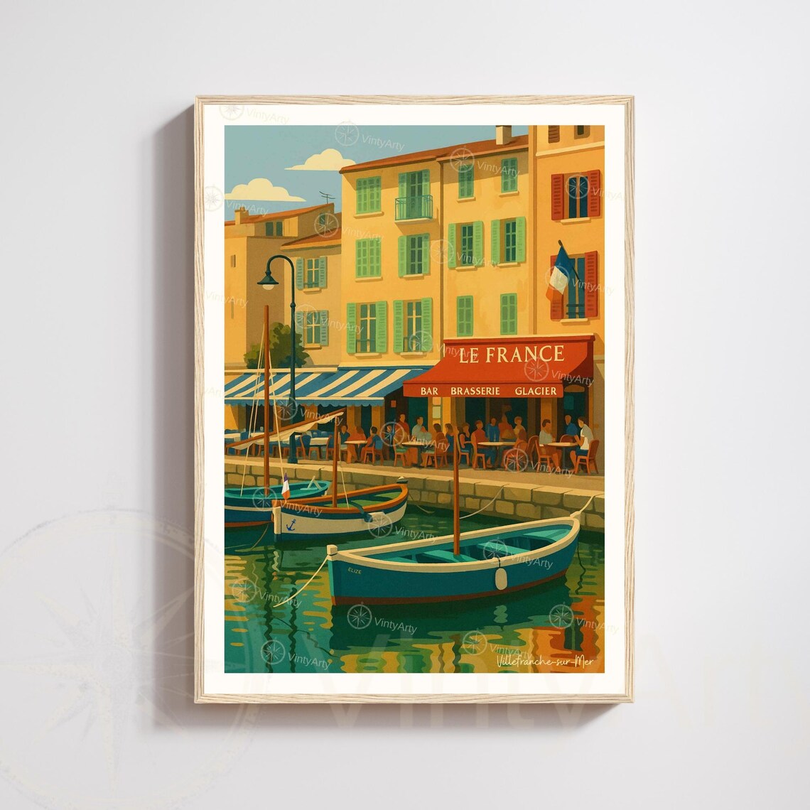Villefranche Sur Mer France Travel Poster Harbor Boats Cafe Riviera
