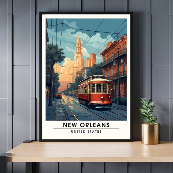 New Orleans Louisiana Poster Streetcar Historic Street Sunset City Art