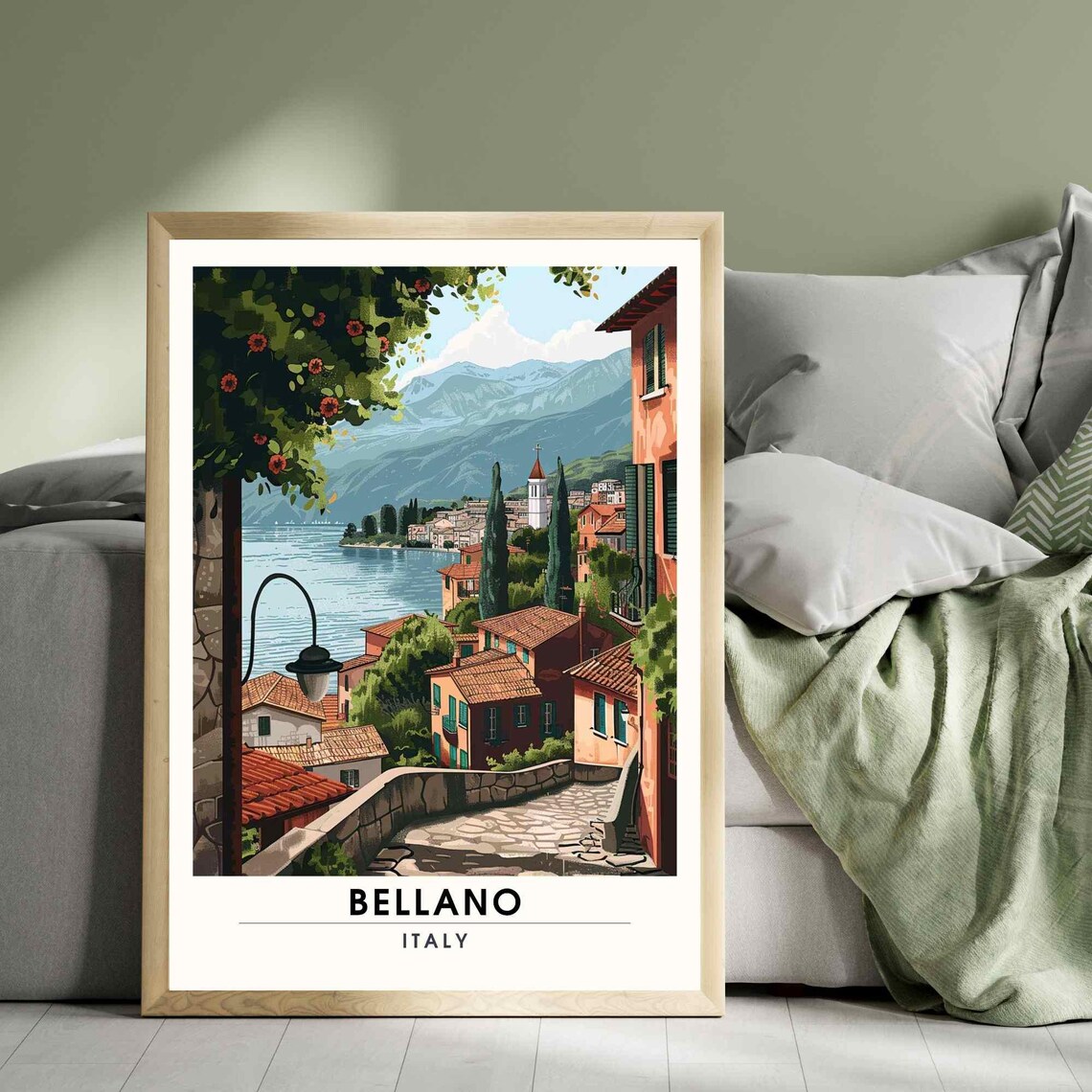 Bellano Italy Daytime Cobblestone Street Lake Como Travel Poster
