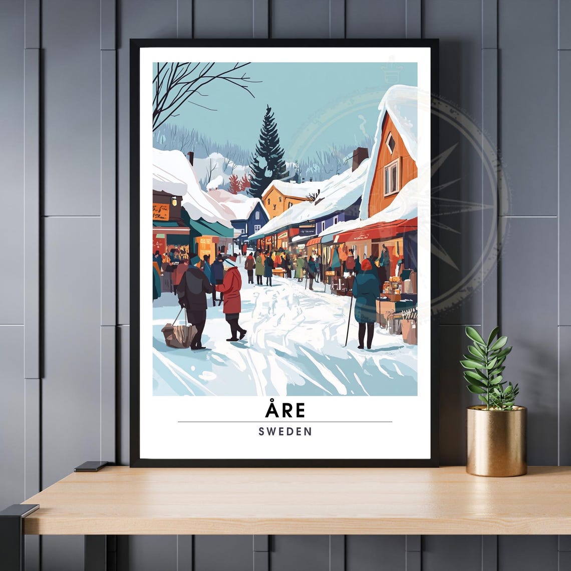 Åre Sweden Snowy Village Market Street Cozy Winter Travel Poster