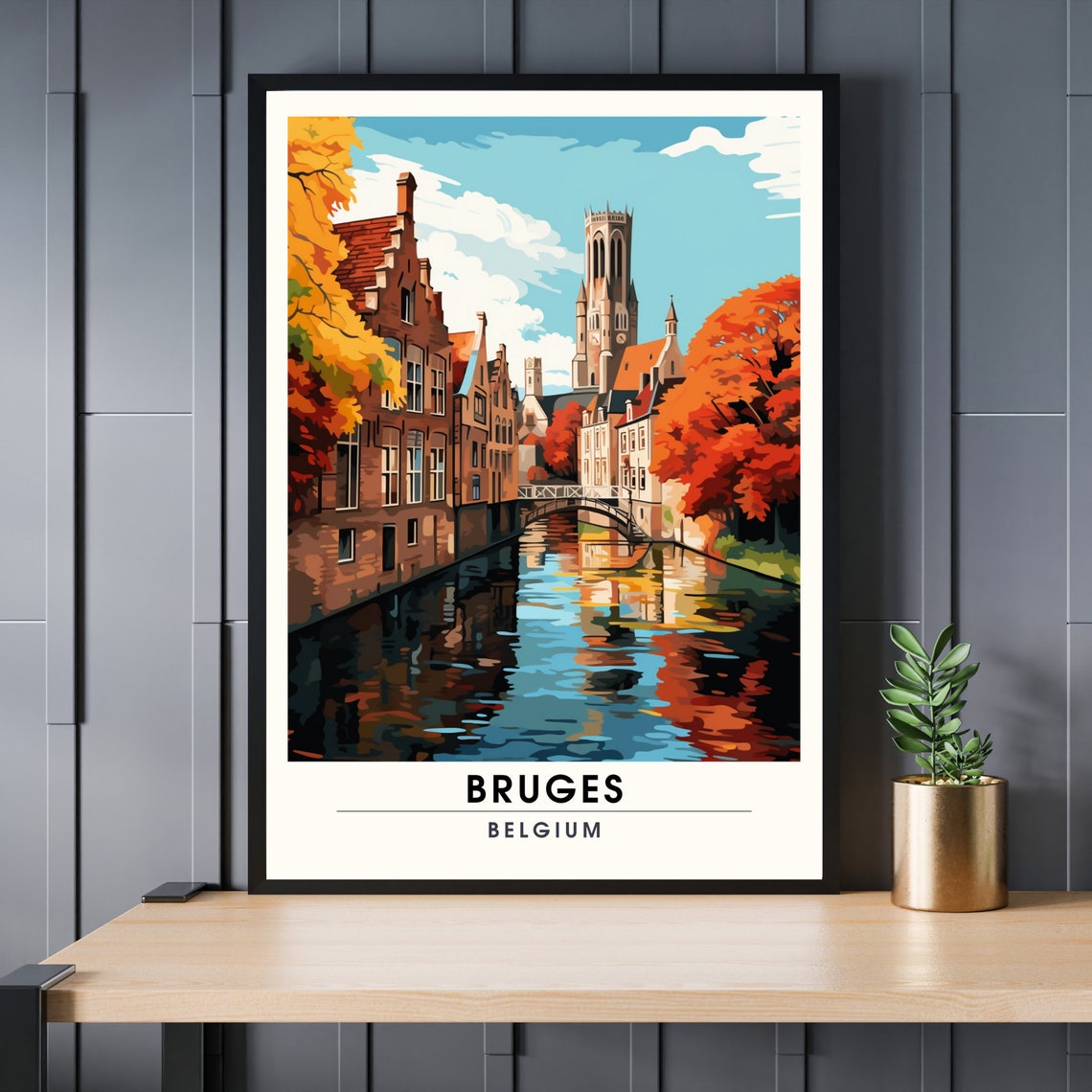 Bruges Belgium Canal Old Town Autumn Travel Illustration Poster