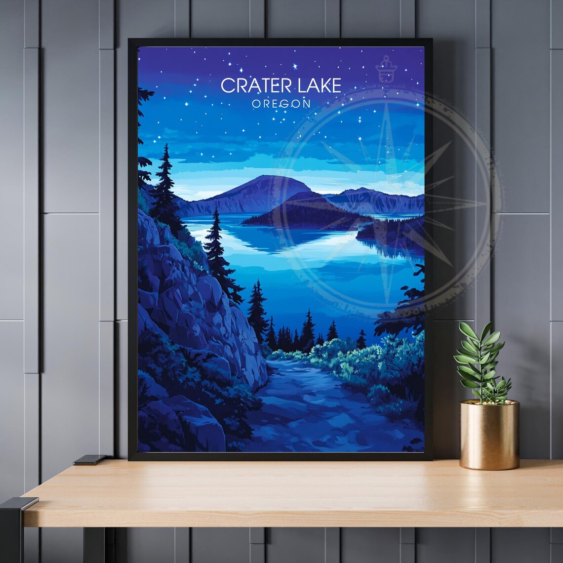 Crater Lake Oregon Starry Night Sky Blue Vintage Travel Poster