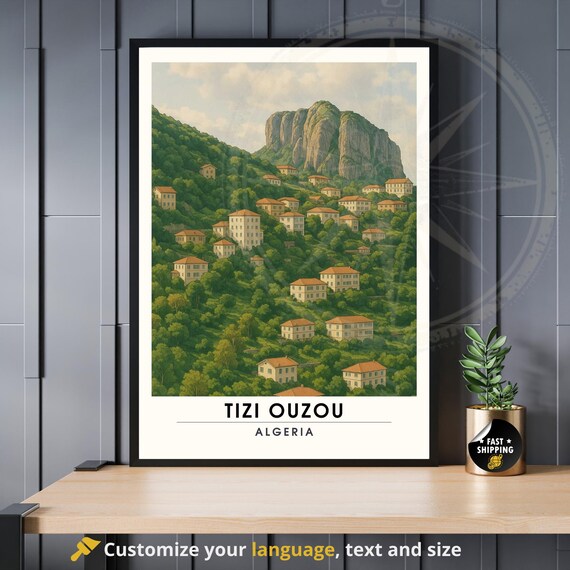 Tizi Ouzou Algeria Hillside Town Rocky Cliffs Green Valley Travel Poster