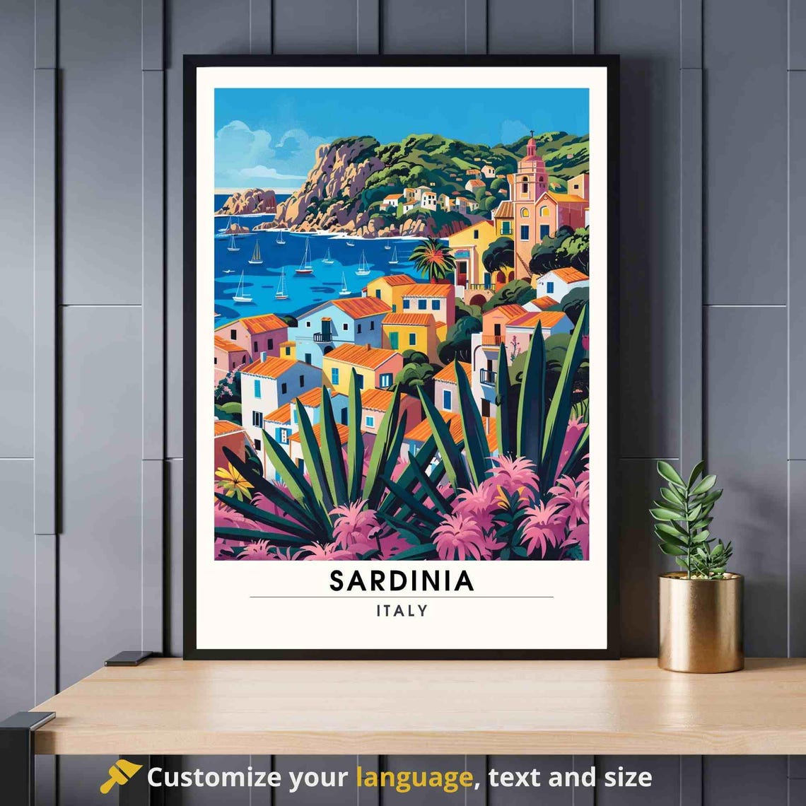 Sardinia Italy Coastal Village Sailboats Mediterranean Travel Poster