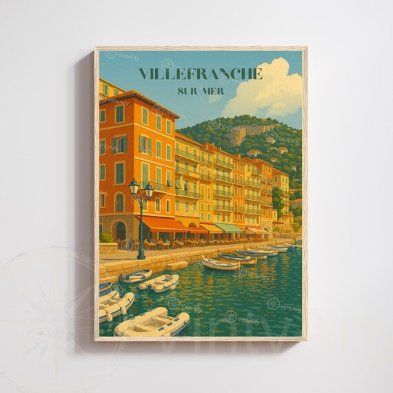 Villefranche Sur Mer Waterfront Travel Poster Riviera Buildings Boats