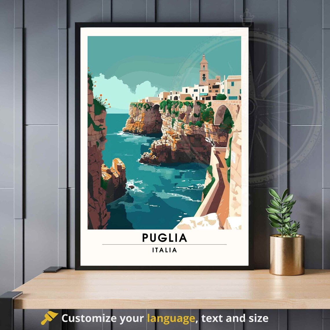 Puglia Italia Cliffside Old Town Turquoise Sea Cove Travel Poster