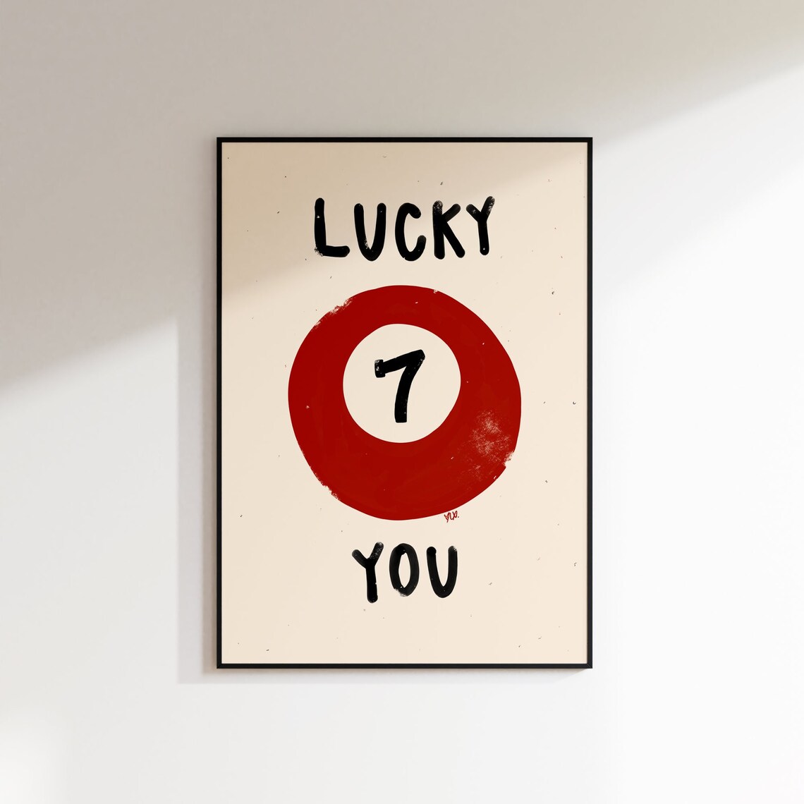 Lucky You Red Seven Ball Pool Hand Painted Retro Typography Poster