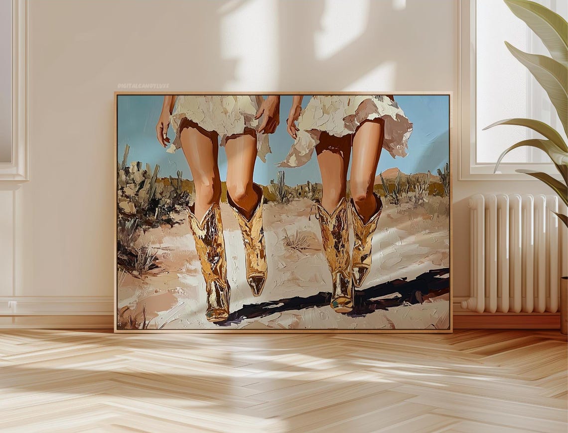 Coastal Cowgirl Prints Cowgirl Wall Art Vintage Western Wall Prints Gold Cowgirl Boots Girly Wall Art Vintage Painting Poster Art