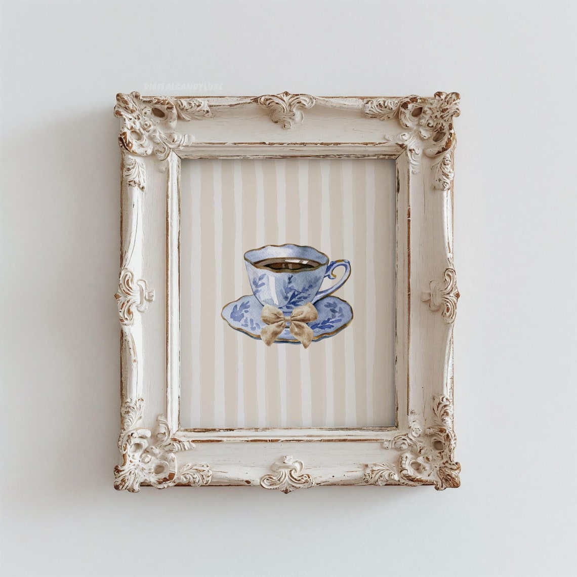 Blue Floral China Teacup Watercolor With Bow Striped Background Poster