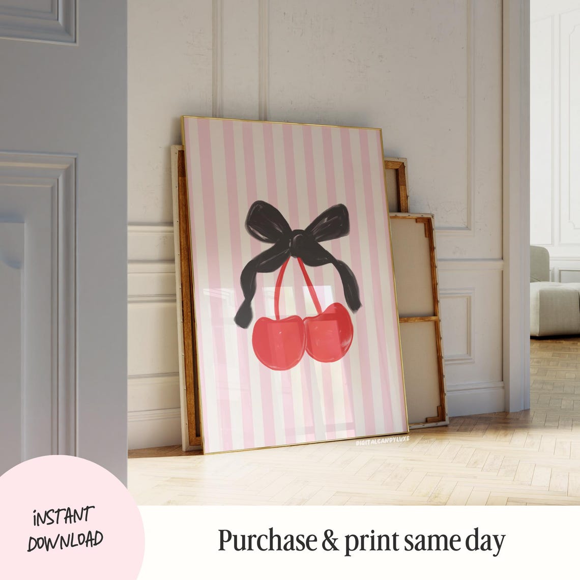 Red Cherries Black Bow Pink Stripes Coquette Playful Art Poster - Image 3