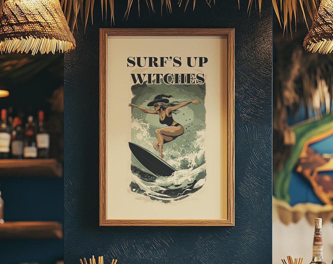 Surf's Up Witches Funny Witch Surfing Vintage Beach Wave Wall Art - Image 3
