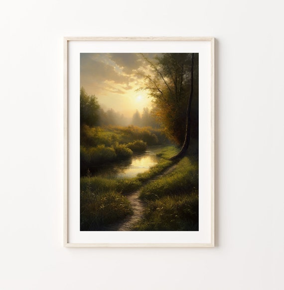 A Glimpse Of Paradise Art Realistic Landscape Painting Dreamy Sky Lush Fields And Tranquil River Instant