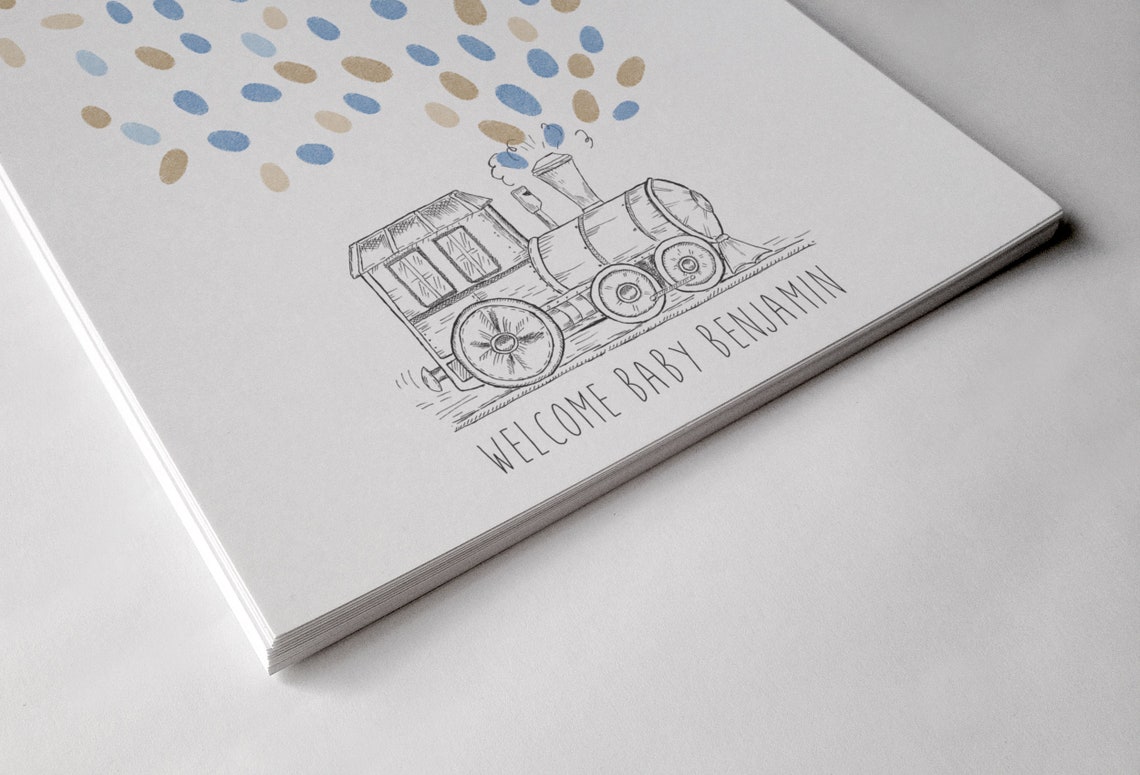 Train Baby Guest Book Birthday Fingerprint Balloon Sketch - Image 2