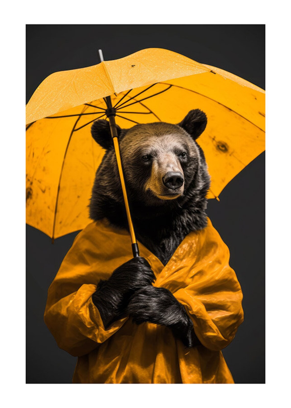 Black Bear In Yellow Raincoat Holding Umbrella Funny Wildlife Poster - Image 2