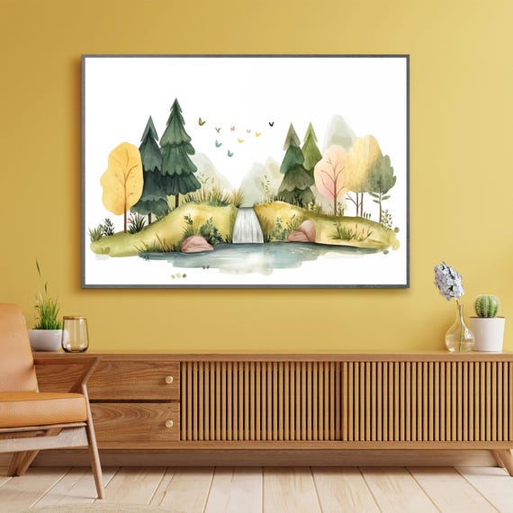 Tranquil Forest Waterfall Wall Art Nature Landscape Illustration Print Serene Scenic Canvas Decor Large Decoration