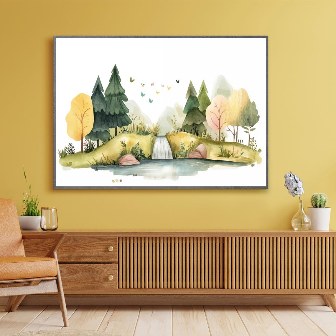 Tranquil Forest Waterfall Wall Art Nature Landscape Illustration Print Serene Scenic Canvas Decor Large Decoration