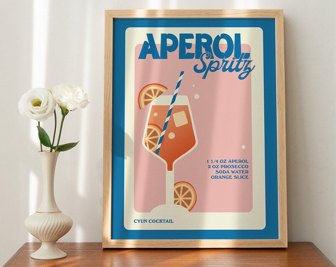 Retro Aperol Spritz Cocktail Art Print, Bar Poster