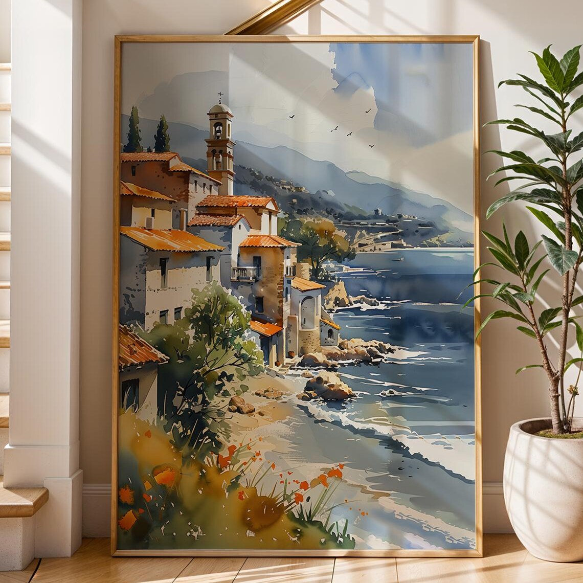 Cyprus Coast Watercolor Art Print, Mediterranean Seaside