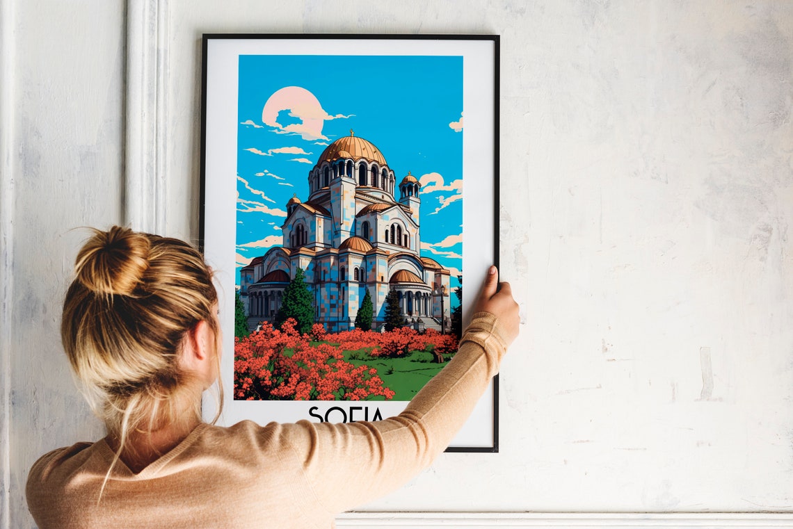 Sofia Golden Domed Cathedral Red Blossoms Bulgaria Vintage Poster - Image 2