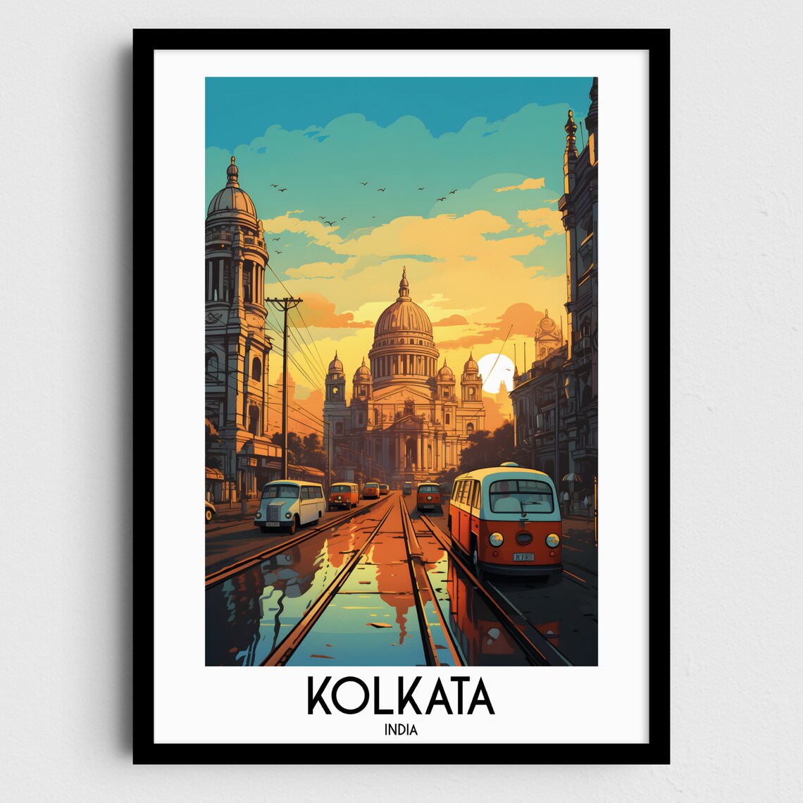 Kolkata India Victoria Memorial Tram Street Sunset Travel Poster