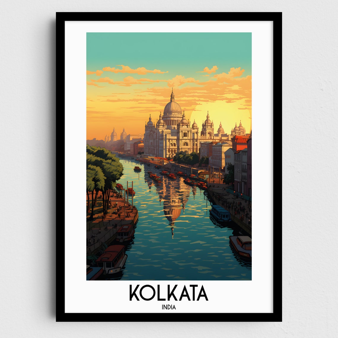 Kolkata India Riverfront Historic Buildings Sunset Travel Poster