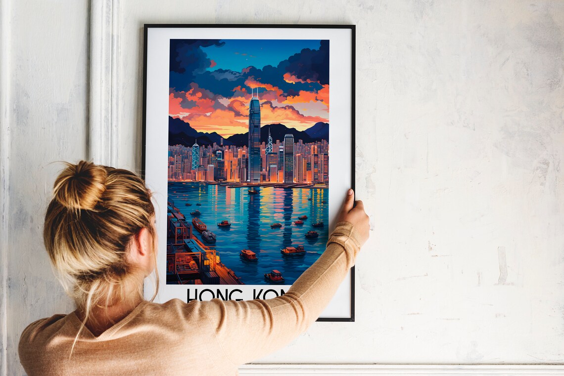 Hong Kong China Victoria Harbour Skyline Sunset Night Lights Poster - Image 2
