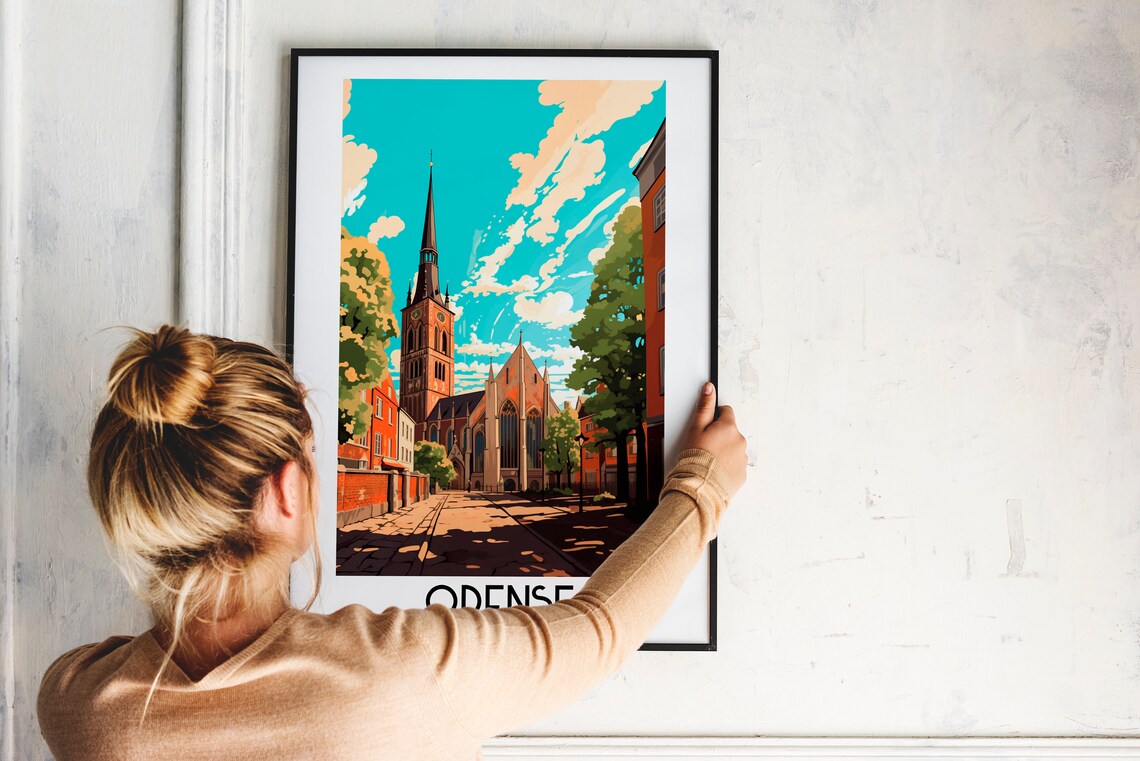 Odense Denmark Historic Cathedral Tower Sunny Old Town Travel Poster - Image 2
