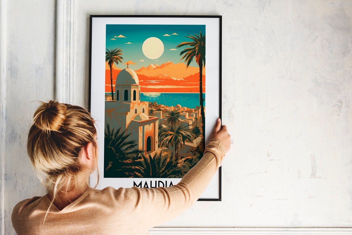 Mahdia White Domed Mosque Palm Trees Sea Sunset Tunisia Travel Poster - Image 2