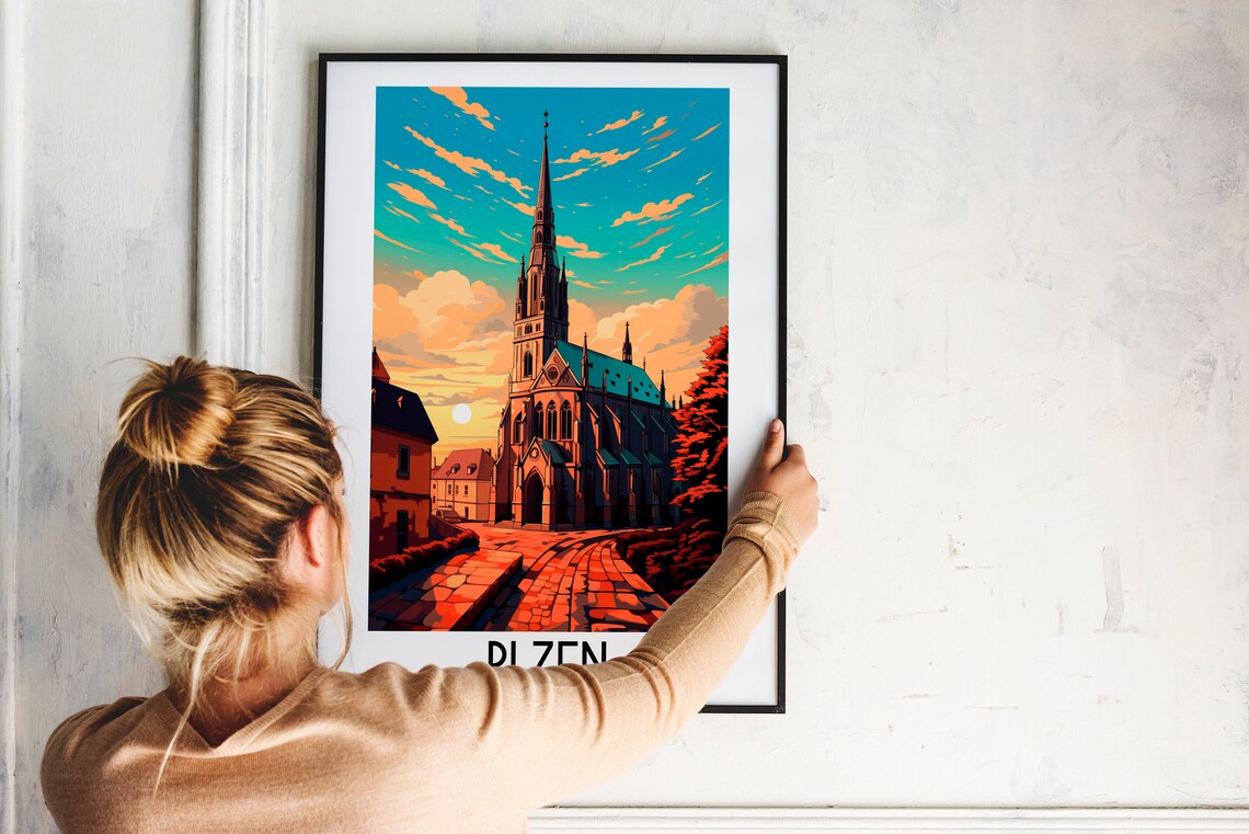 Plzen Czech Republic Gothic Cathedral Spire Sunset Glow Travel Poster - Image 2