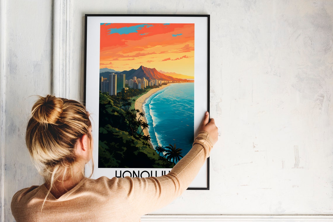 Honolulu Hawaii Diamond Head Waikiki Beach Sunset Surf Poster - Image 2