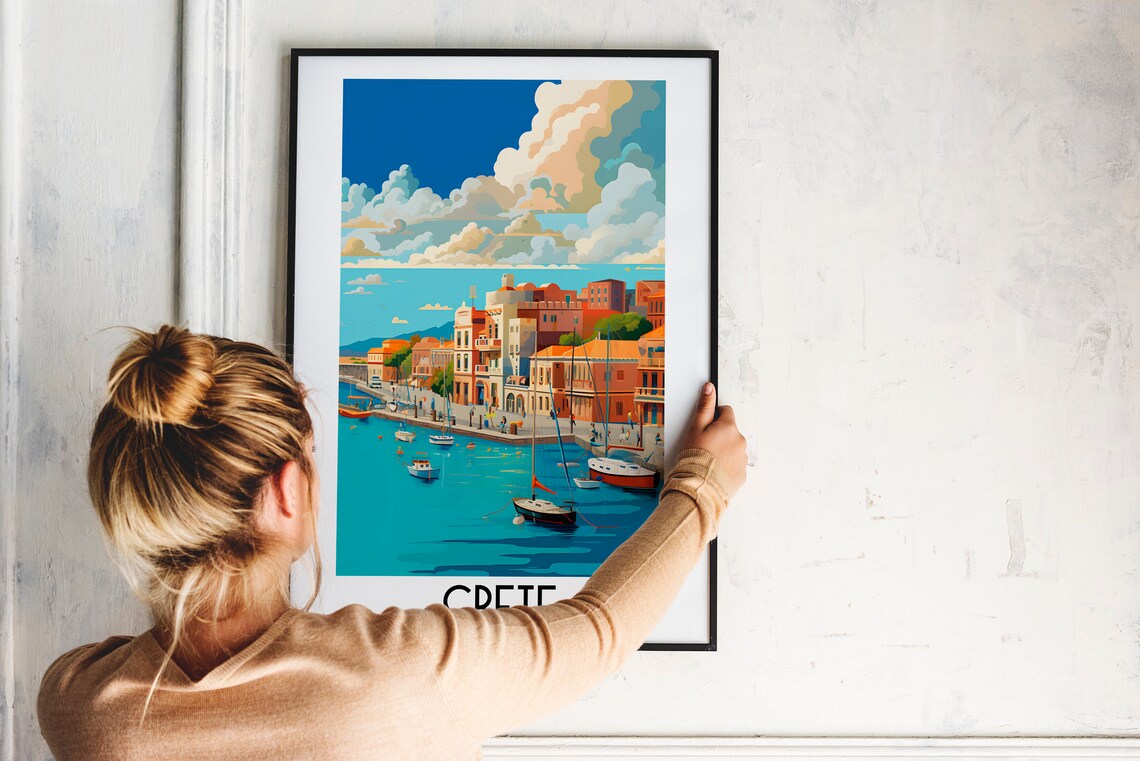 Crete Greece Colorful Harbor Town Sailboats Seaside Village Poster - Image 2