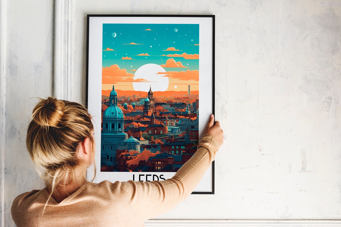 Leeds England City Skyline Sunset Dome Cathedral Travel Poster - Image 2