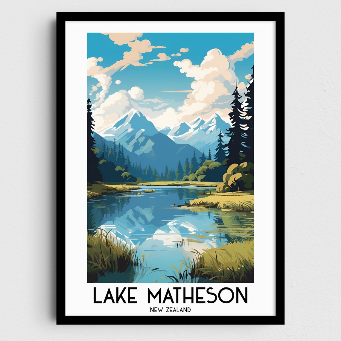 Lake Matheson New Zealand Poster Alpine Mirror Lake Mountain Peaks Art