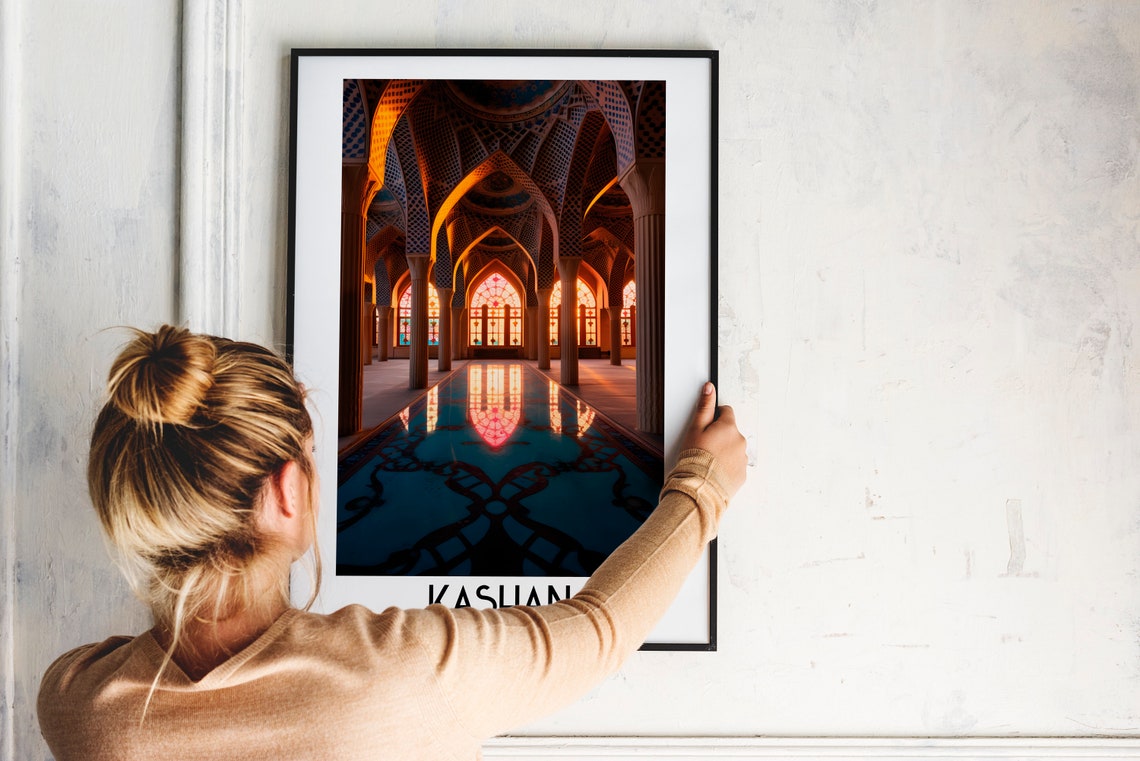 Kashan Iran Mosque Prayer Hall Stained Glass Reflection Travel Poster - Image 2